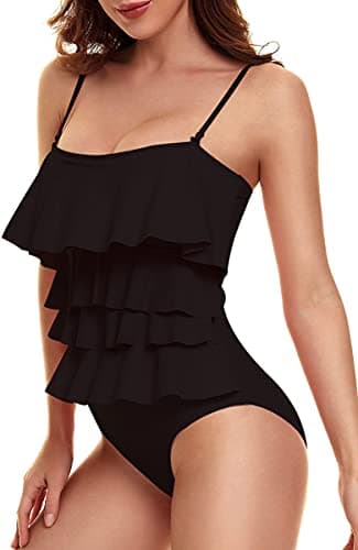Image of JFAN Women Tankini Swimsuit Ruffle Layered One Piece Flounce Bathing Suits Tummy Control Swimwear Black XL