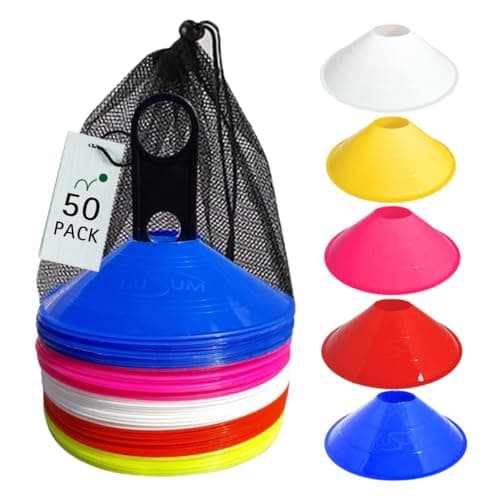 Image of Lusum Sports Disc Cones Set of 50 – Agility Training Marker Cones with Carry Stand & Mesh Bag – Football, Rugby, Cricket, PE – 5 High-Vis Colours – Indoor & Outdoor Use