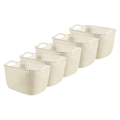 Image of Curver Knit Effect Set of 5 Kitchen, Living room, Bathroom, Bedroom, Utility Large Rectangular Storage Baskets 19 Litres - Oasis White