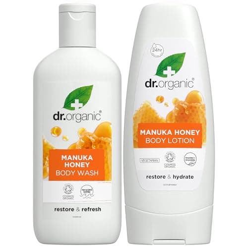 Image of Dr Organic - Manuka Honey Body Wash & Lotion Set - Women's & Men's Skincare - Restoring, Replenishing & Nourishing - Vegetarian, Cruelty, Paraben & SLS Free - 265ml & 200ml - Bundle