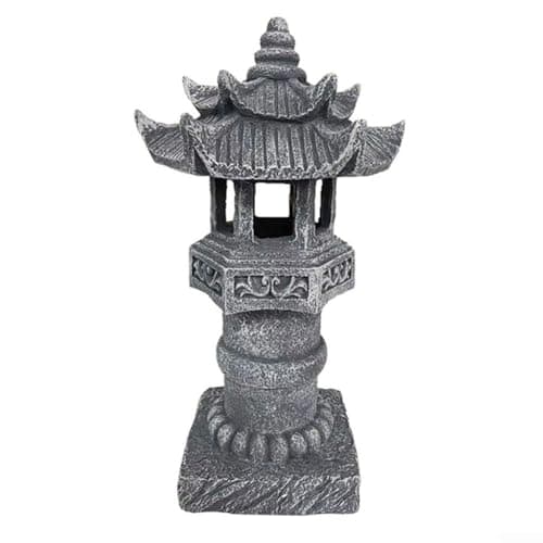 Image of Outdoor garden solar lamp shaped like pagoda with resin stone effect, IP44 waterproof, automatic dusk sensor lighting, for courtyards and patios