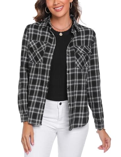 Image of Totatuit Flannel Checked Shirts Womens Classic Long Sleeve Plaid Shirt Blouse V Neck Button Down Ladies Checked Shirt with Pocket