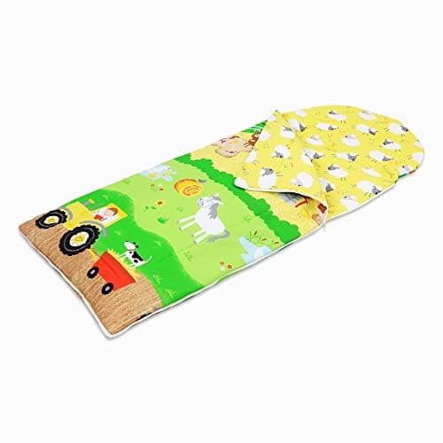 Image of Happy Linen Company Girls Boys Kids Farm Animals Green 155 x 65 cm Reversible Sleeping Bag
