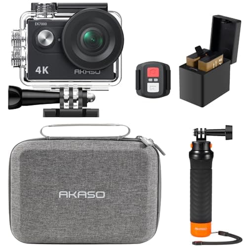 Image of AKASO EK7000 Action Camera Floating Hand Grip Bundle - Includes 4K30FPS EK7000 Underwater Camera, Floating Hand Grip, 2 Batteries, Carrying Case, and Accessory Kits