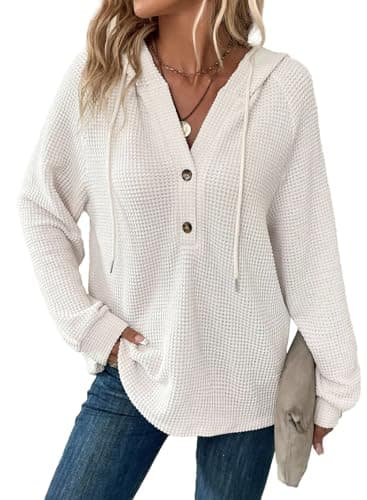 Image of Dokotoo Women's Hoodies Waffle Knit Drawstring Button Womens Pullover Sweatshirt V Neck Long Sleeve Jumpers Women Hooded Tops Plain Casual Ladies Hoodie Top White M