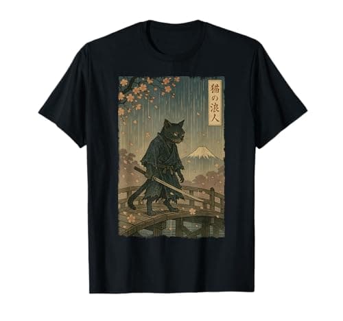 Image of Ronin The Samurai Cat Cherry Blossom Ukiyo-e Manga Kanji Art T-Shirt