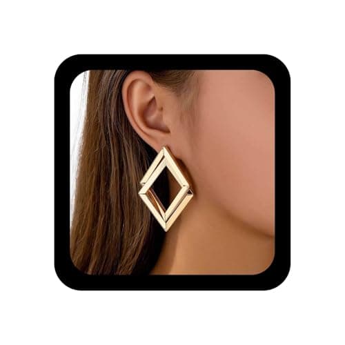 Image of Yienate Square Earrings Gold Vintage Hollow Rectangle Dangle Earrings Lightweight Geometric Hoop Drop Earring Statement Double Square Hoops Earring Jewelry for Women