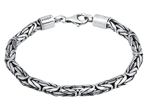 Image of Kuzzoi Buddha Silver Byzantine Chain Bracelet for Men, Handmade (5 mm) Made of Oxidised 925 Sterling Silver, Solid, 26.3 g Weight, 21 Centimeters