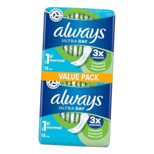 Image of Always Ultra Day Sanitary Pads Size 1 Normal - 30 Pads (2 Packs of 15) Big Pack for Reliable Daytime Protection and Comfort