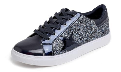 Image of Feversole Women's Fashion Lace Up Dress Sneakers Sparkly Party Shiny Shoe Night Blue Star Glitter UK 7