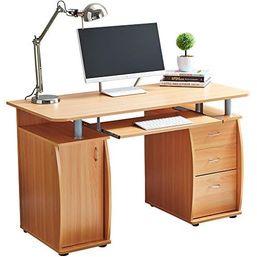 Image of RayGar Beech Deluxe Design Computer Desk With Cabinet and 3 Drawers For Home Office Table Workstation - New (Beech)