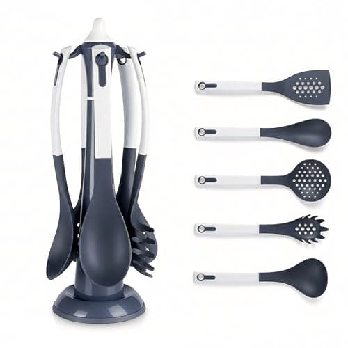 Image of GEEZY 6 Piece Kitchen Utensil Set with Rotating Stand - Non-Scratch Cooking Tools for Pots & Pans, Heat Resistant Grey Accessories Holder - Dishwasher Safe Serving Spoons & Spatula