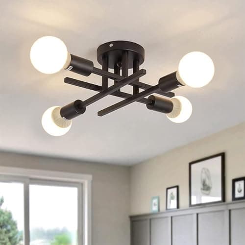 Image of Hviww Chandeliers Ceiling Light, 4 Bases for E27 Light, Black Semi-Flush Ceiling Lights for Living Room Bedroom Kitchen Dining Room Office (Black, with Bulbs)