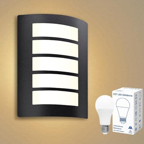 Image of Allesgute Outdoor Wall Lights, Curved Outside Lights Mains Powered, Matte Black IP44 Weatherproof Wall Lamp for Patio, Front Door, Porch. Includes 1x 12W E27 LED Bulbs in Warm White