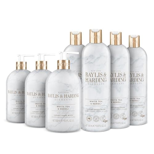 Image of Baylis & Harding Elements White Tea & Neroli Toiletries Bundle: 3 x 500 ml Hand Wash & 4 x 500 ml Body Wash (7 bottles) - Vegan Friendly