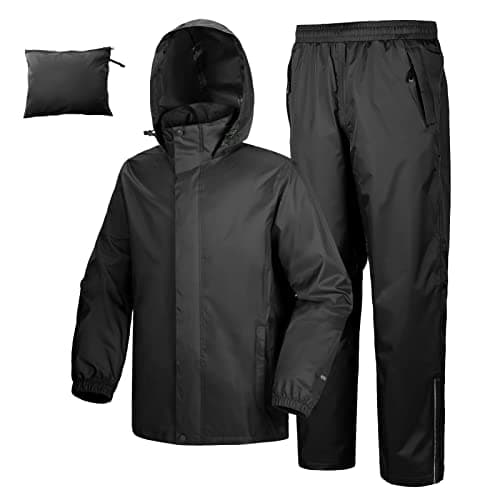Image of 33,000ft Men's Waterproof Rainsuit Hooded Rain Jacket Rain Trousers Packable Raincoat Sets Windproof Two Piece Rain Suit with Safety Reflectors for Fishing Hiking Camping Black XL