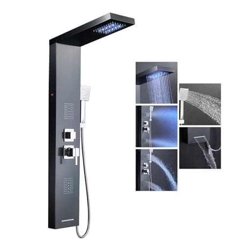 Image of KEOKBON Black Shower Panel Tower System with LED, 5 in 1 Overhead Rainfall, 2 Body Massage, Handheld Shower, Waterfall Bath Spout Shower Column Tower