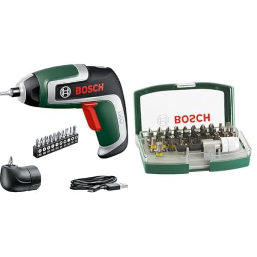 Image of Bosch IXO Cordless Screwdriver (7th Generation, with Micro USB Cable, Incl. Angle Attachment, Screws up to 190 Screws, in Box) + 32pc. Screwdriver Bit Set (PH-, PZ-, Hex-, T-, TH-, S-Bit, Accessories)