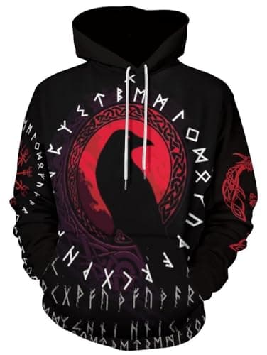 Image of JooMeryer Men's Viking Totem 3D Print Long Sleeve Hoodies Pullover Sweatshirt, Red Raven Runes, Large