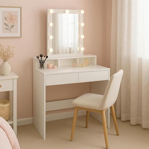 Image of Harbour Housewares Wooden Dressing Table with LED Mirror & Lights - White Bedroom Vanity Makeup Desk Set with Storage Drawers, Plug Sockets & Organiser, 80 x 40 x 145cm