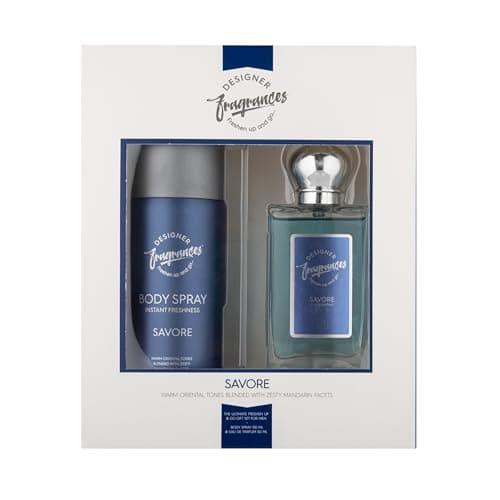 Image of Designer Fragrances Savore Male Gift Set - Includes 150ml Body Spray Deodorant Cans, 50ml Men’s Eau De Parfum Aftershave Spray - For Instant Freshness on The Go - Long Lasting Smells