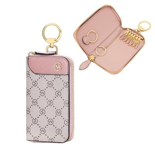 Image of GOLF SUPAGS Women PVC Leather Car Key Chain Card Holder Wallet Pouch Card Slot 6 Hook 1 Fixed Key Ring 1 Detachable Key Ring (Shaded Ice×Smoky Pink)