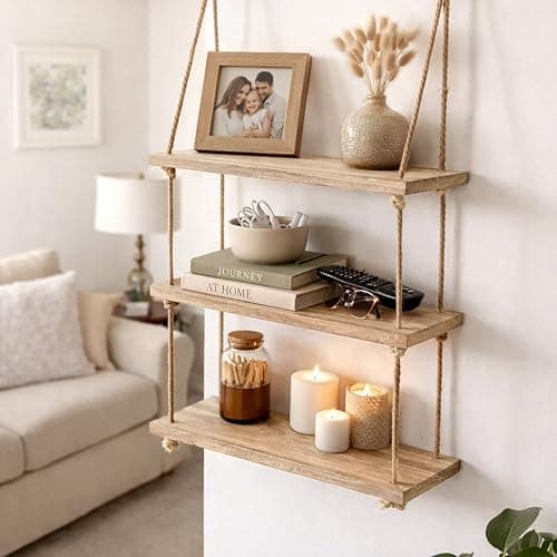Image of Marco Paul Interiors 3 Tier Hanging Shelf Wood Rope Wooden Shelves For Wall Rustic Bathroom Decor Floating Nursery Storage Display Home Decor Hanging Display