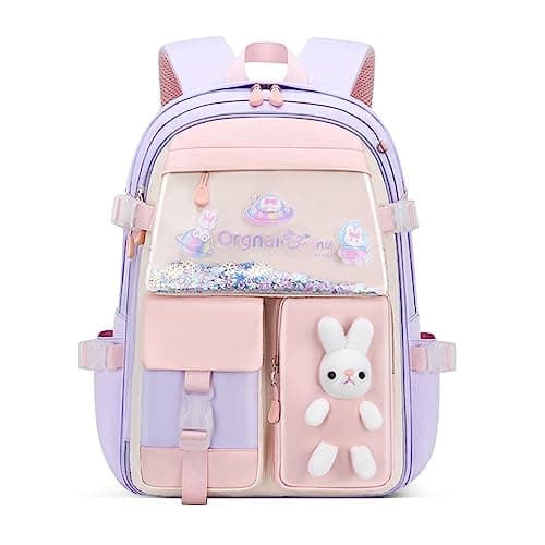 Image of Bansusu Kawaii Bunny Primary Girls Backpacks Elementary School Bags Bookbags with Refrigerator Front Pocket, Purple-Large