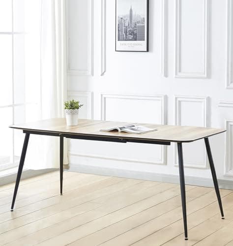 Image of Hallowood Furniture Cullompton Large Extendable Dining Table, 4-8 Seater Table with Oak-Effect Top and Black Metal Legs, Modern 120-180cm Extendable Dining Tables for Home, Apartment or Offices