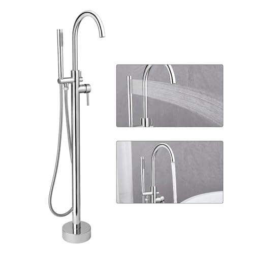 Image of FBUKE Free Standing Tub Taps, Floor Mount Freestanding Bath Tap, Brass Stand Alone Bathtub Filler, High Flow Bathtub Shower Mixer Tap