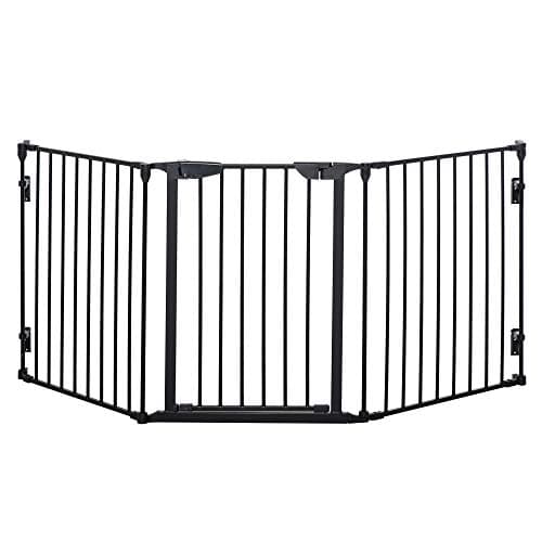 Image of PawHut Pet Safety Gate, 3 Panels Playpen Fireplace, Foldable Metal Fence, Stair Barrier, Room Divider, Fire Guard w/Automatic Closing Door, Black