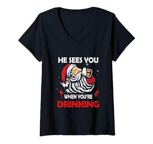 Image of Womens He Sees U When You're Drinking Funny Santa Christmas Beer V-Neck T-Shirt