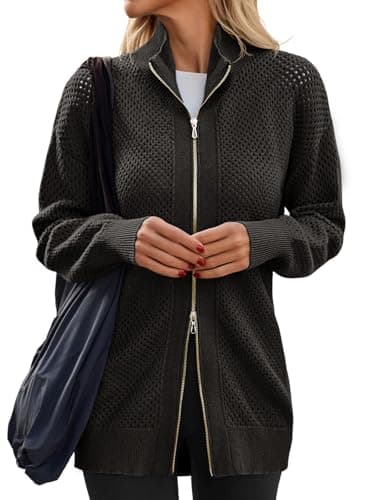 Image of Women's Turtleneck Zip Up Cardigan Sweaters Oversized Drop Shoulder Long Sleeve Casual Solid Mesh Knit Jumper Tops, Black, XL