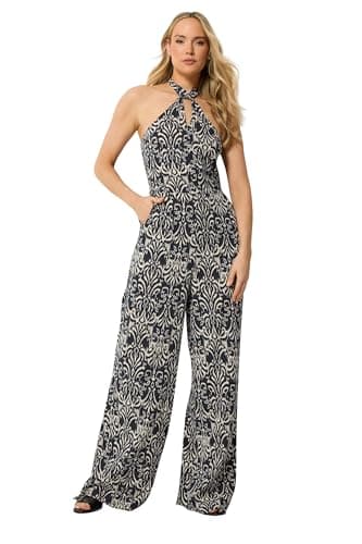 Image of Long Tall Sally - Lts Tall Blue Abstract Halterneck Jumpsuit - Women's
