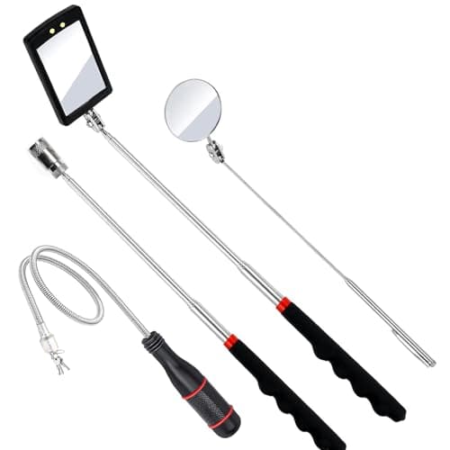 Image of JinRui-T 4PCS Telescopic Inspection Mirror,Flexible Magnetic Pick-Up Tool,Portable Round 360 Degree Rotating LED Inspection Mirror Pick Up Rod Flashlight and Round/Square Inspection Mirror