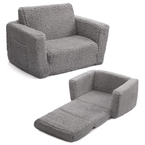 Image of BEJOY Kids Sofa Bed 2-in-1 Flip Out Cuddly Sherpa Toddler Couch Convertible Chair to Lounger Children Sofa Bed Children's Day and Birthday Gift for Girls Boys, Grey