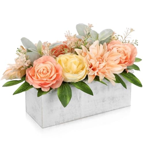 Image of Oairse Artificial Flower Arrangement in Rustic Wooden Box Artificial Flowers in Pot Silk Flowers Centerpiece for Table, Shelf, Home, Office Living Room Decor Farmhouse Faux Floral Display