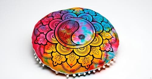 Image of Round Mandala Floor Pillow Cover Seating Cushion Throw Cover Hippie Decorative Bohemian Ottoman Pouf Cover, Pom Pom Pillow Cases,Boho Indian 22 Inches (Red Yellow) (Multi Color)