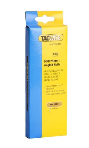 Image of Tacwise 0480 Type 500 (18G) / 25 mm Galvanised Angled Brad Nails for 400ELS, 26° Incline, Pack of 1000