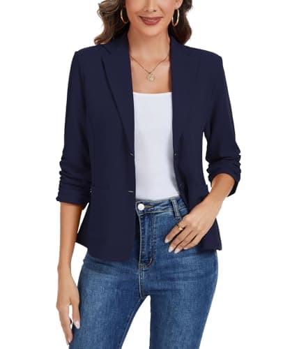 Image of MINTLIMIT Slim Fit Blazer Notched Collar Suit Jacket 3/4 Sleeve Blazers Button Jackets Front Lined (Navy M)
