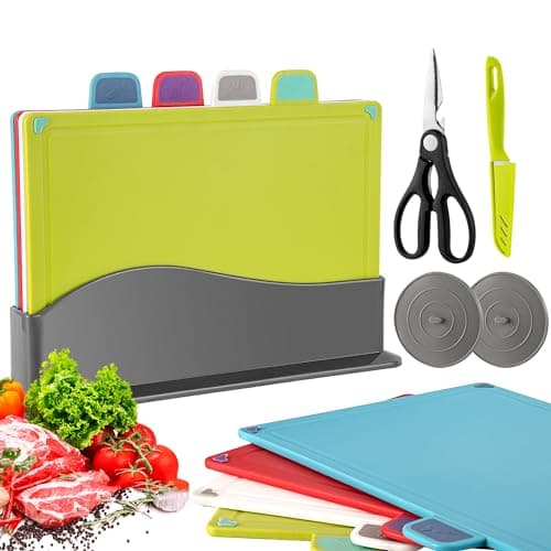 Image of Index Chopping Board Set of 4, Plastic Cutting Boards with Stand, Non Slip Color Coded Chopping Boards for Kitchen, Dishwasher Safe