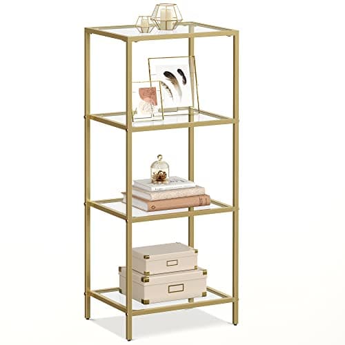 Image of VASAGLE 4-Tier Glass Shelf, Bookshelf, Storage Rack, Tempered Glass, Easy Assembly, for Bathroom, Living Room, Bedroom, Office, Metallic Gold LGT28G