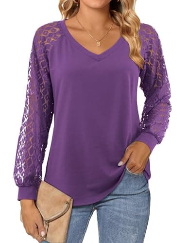 Image of Beluring Ladies Tops Loose Fit V Neck T Shirt Lace Long Sleeve Blouse Purple Size 22 24