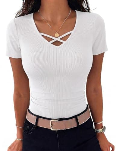 Image of Aottori Womens Short Sleeve Ribbed Knit Tops Ladies V Neck Plain Slim Fitted T Shirts Basics Stretch Summer Tunic Long Cross Front Casual UK Tee White L
