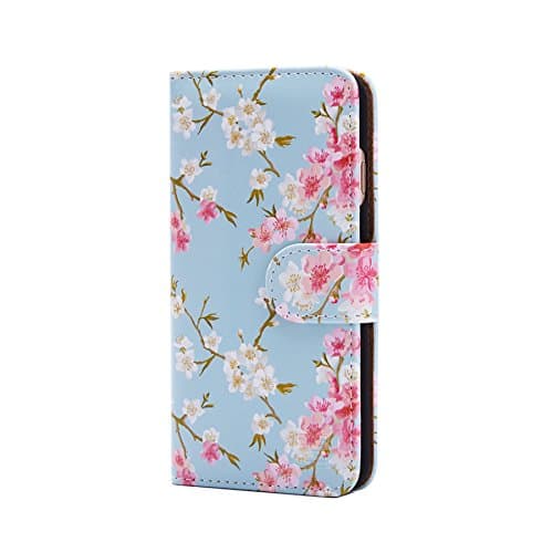 Image of 32nd Floral Series - Design PU Leather Book Wallet Case Cover for Apple iPhone 7, 8, SE (2020) & SE (2022), Designer Flower Pattern Wallet Style Flip Case With Card Slots - Spring Blue