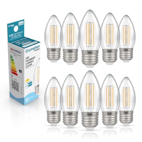 Image of Crompton Lamps Filament Candle LED Light Bulb ES-E27 | 6.5W = 60W Equivalent | Cool White 4000K | Energy Efficient | Edison Screw Lightbulb | Long Life 15,000-Hrs | Clear Glass | 10-Pack