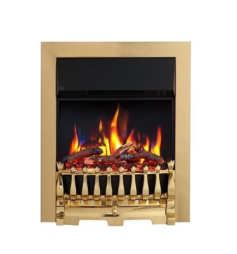 Image of FLAMEKO Verona 16" Electric Fireplace Insert, Logs and Black Chips Included 2kW Heater, Brass Trim with Spacer, Blenheim Fret, 9 Colour Flame Effect, Remote