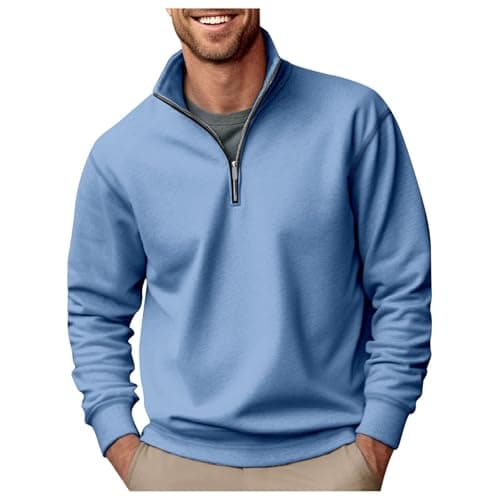 Image of Mens 1/4 Zip Sweatshirts Loose Fit Lightweight Solid Color Top Classic Windproof Warm Athletic Sport Outdoorwear Athletic Sport Zip Outdoorwear (Light Blue, XL)