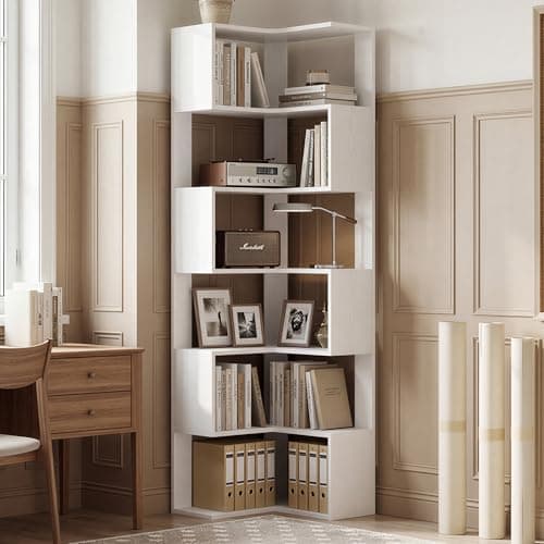 Image of IRONCK Corner Bookshelf 6-Tier, 204cm Tall L-Shaped Bookcase with Anti-Drop Panel, Corner Shelf Storage Display Rack, Shelving Units for Living Room Bedroom Office, White