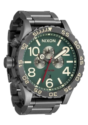 Image of NIXON 51-30 Chrono A1389-300m Water Resistant Men's Analog Fashion Watch (51mm Watch Face, 25mm Stainless Steel Band), Light Gunmetal / Dk Forest, One Size, 51-30 Chrono